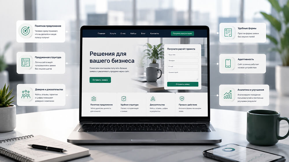 Разбираем, какие элементы помогают увеличить конверсию сайта: оффер, структура, формы захвата, кейсы, отзывы, аналитика и CRM