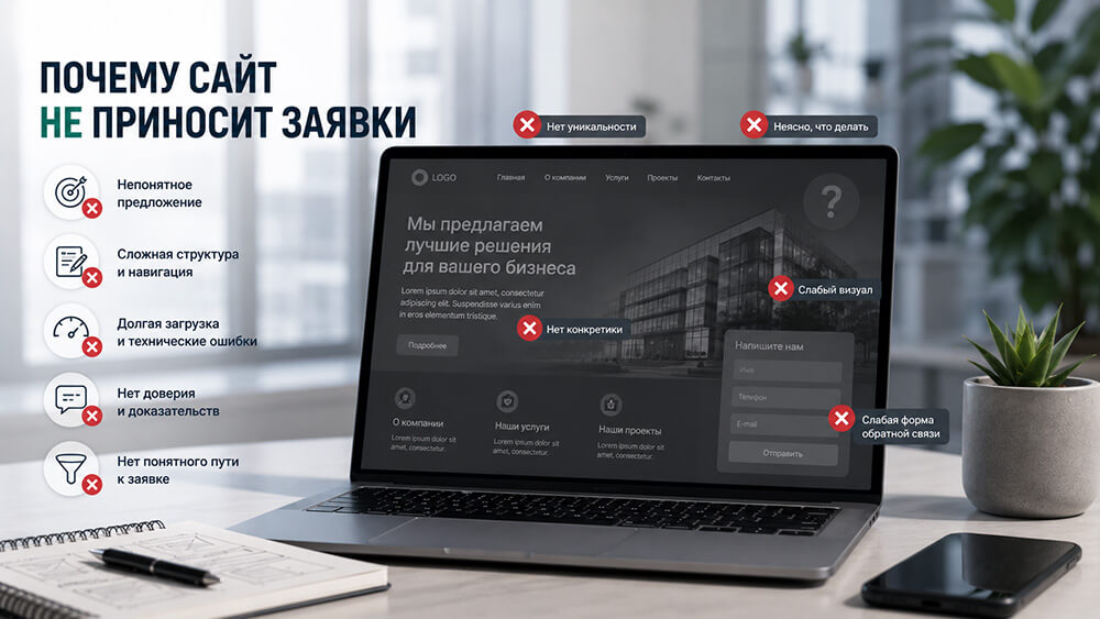 Разбираем 7 причин, почему сайт не приносит заявки: слабый оффер, отсутствие доверия, неудобные формы, ошибки в SEO, отсутствие аналитики и CRM.