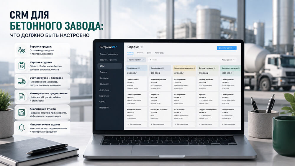 Узнайте, как настроить CRM для бетонного завода: лиды, сделки, объекты строительства, коммерческие предложения, телефония, контроль менеджеров и аналитика продаж.